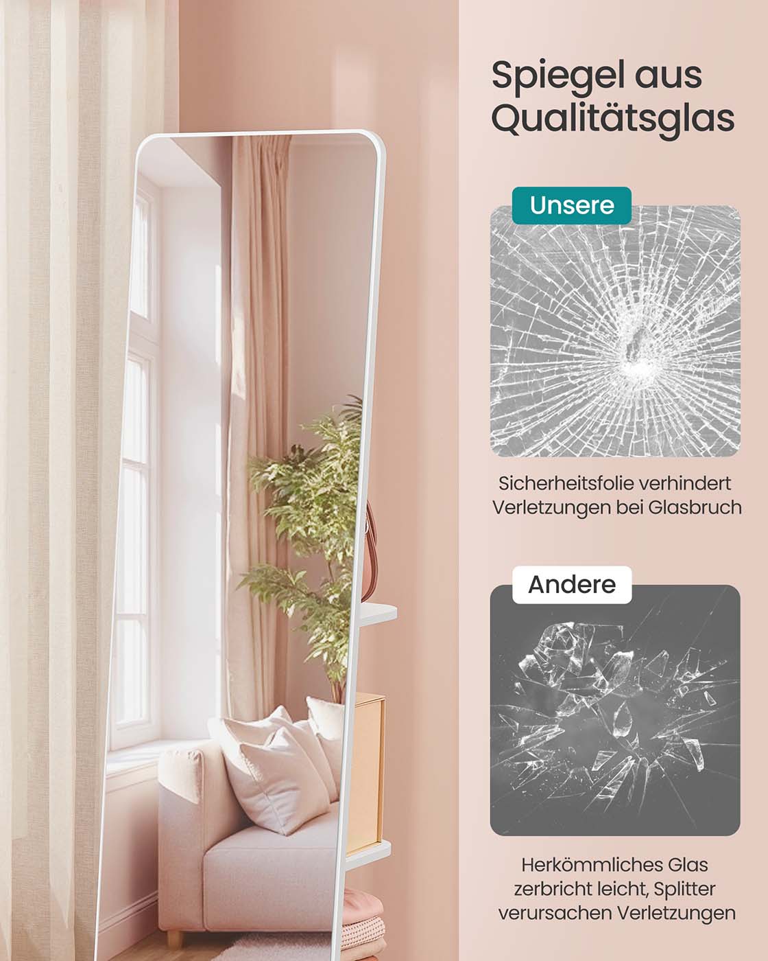 Standspiegel mit Ablagefläche – 360° drehbar – mit 4 Ablagen und 4 Haken – Ganzkörperspiegel – MDF und Sicherheitsglas