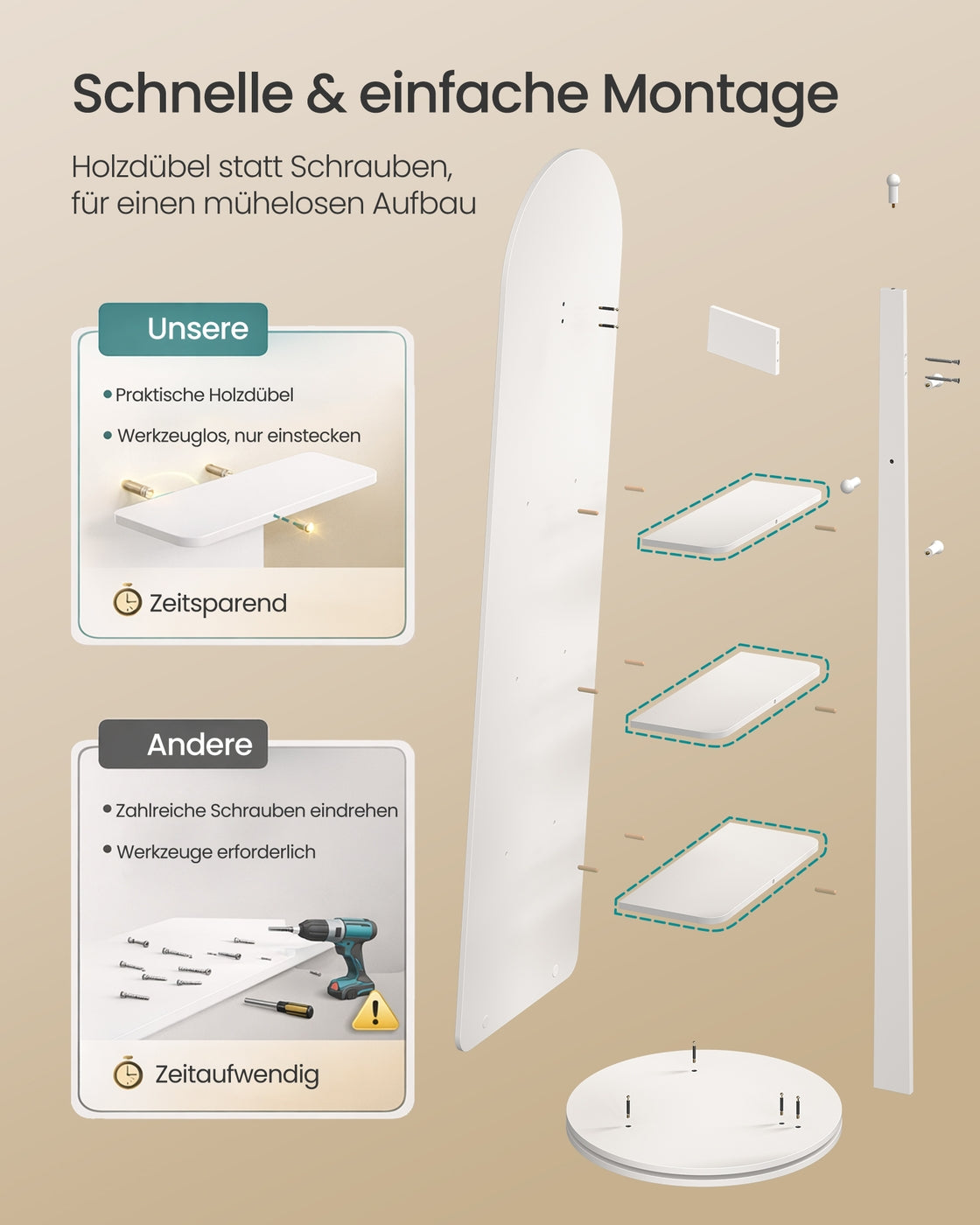 Standspiegel 360° Drehbar - Stehender Spiegel Mit Haken Und Ablagefächern - Weiß