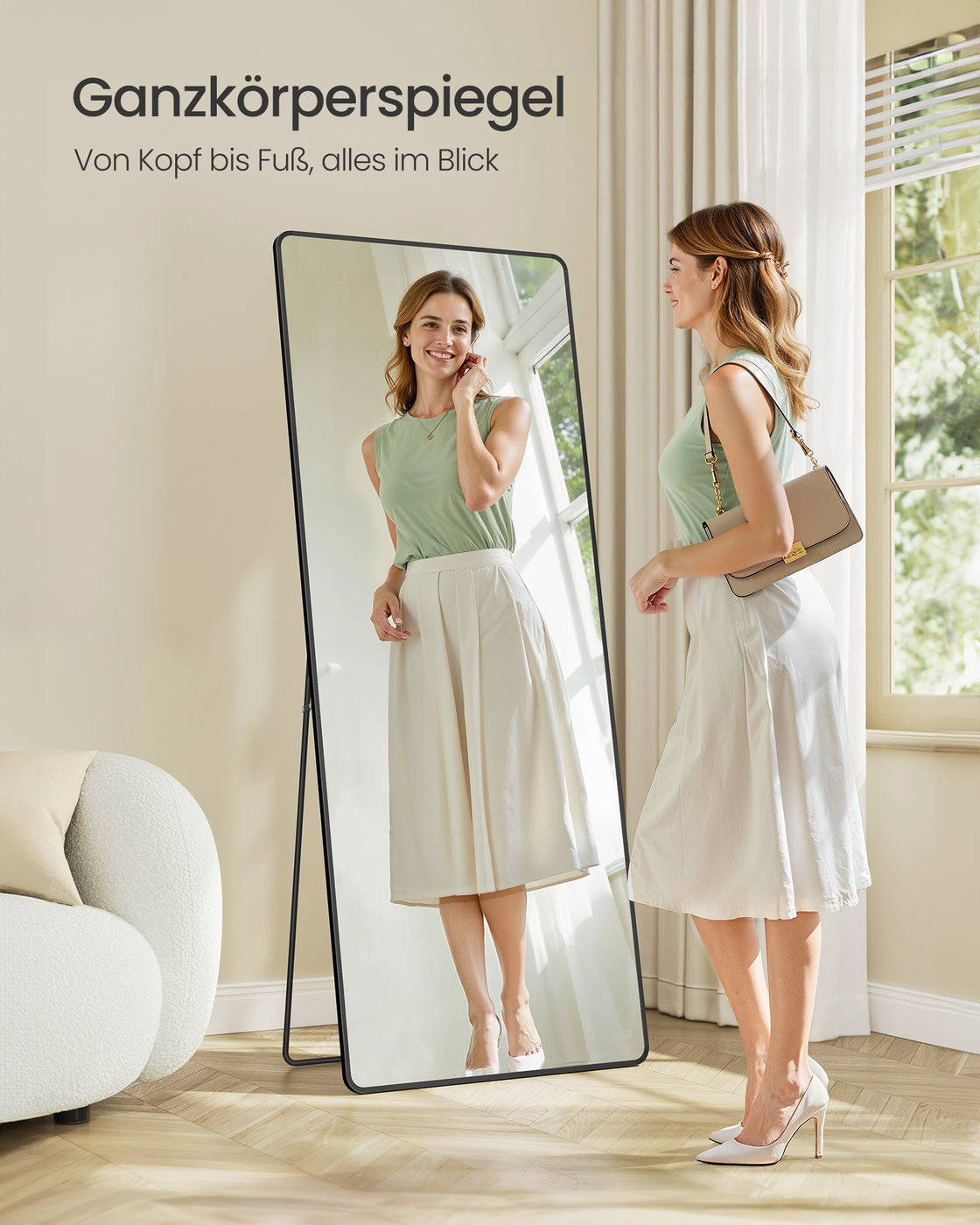 Standspiegel 160 x 50 cm – Rechteckiges Design – Freistehend oder Wandmontage