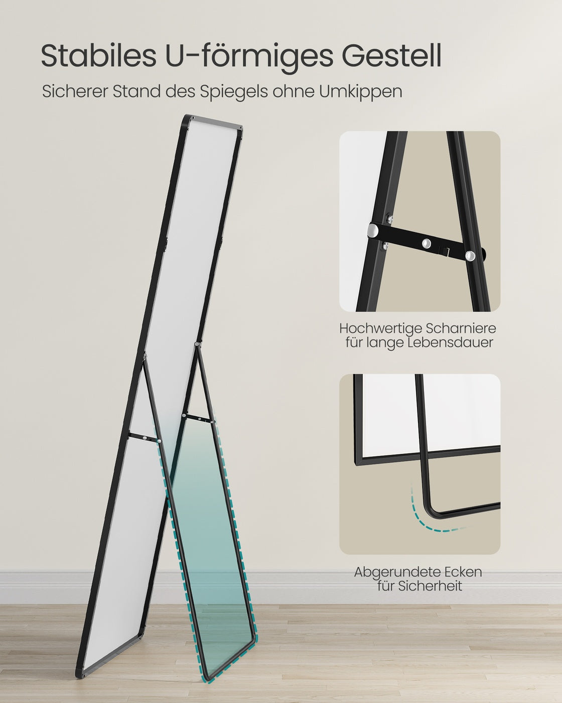 Standspiegel 160 x 50 cm – Rechteckiges Design – Freistehend oder Wandmontage