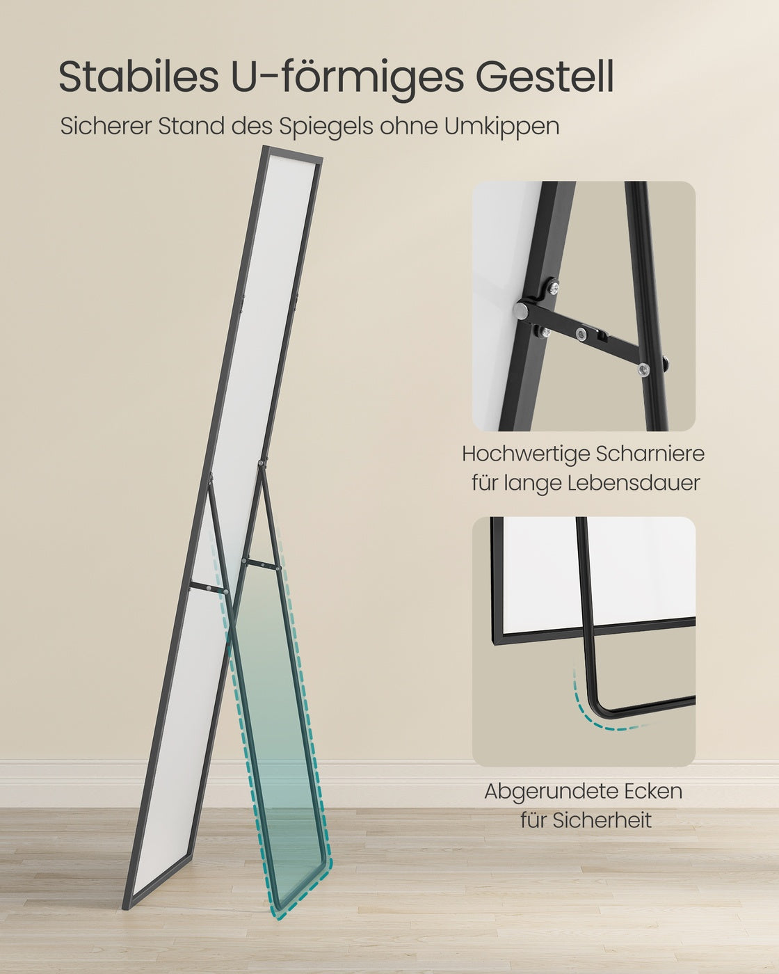 Standspiegel - Rechteckig - Schwarzer Rahmen - Standmodell