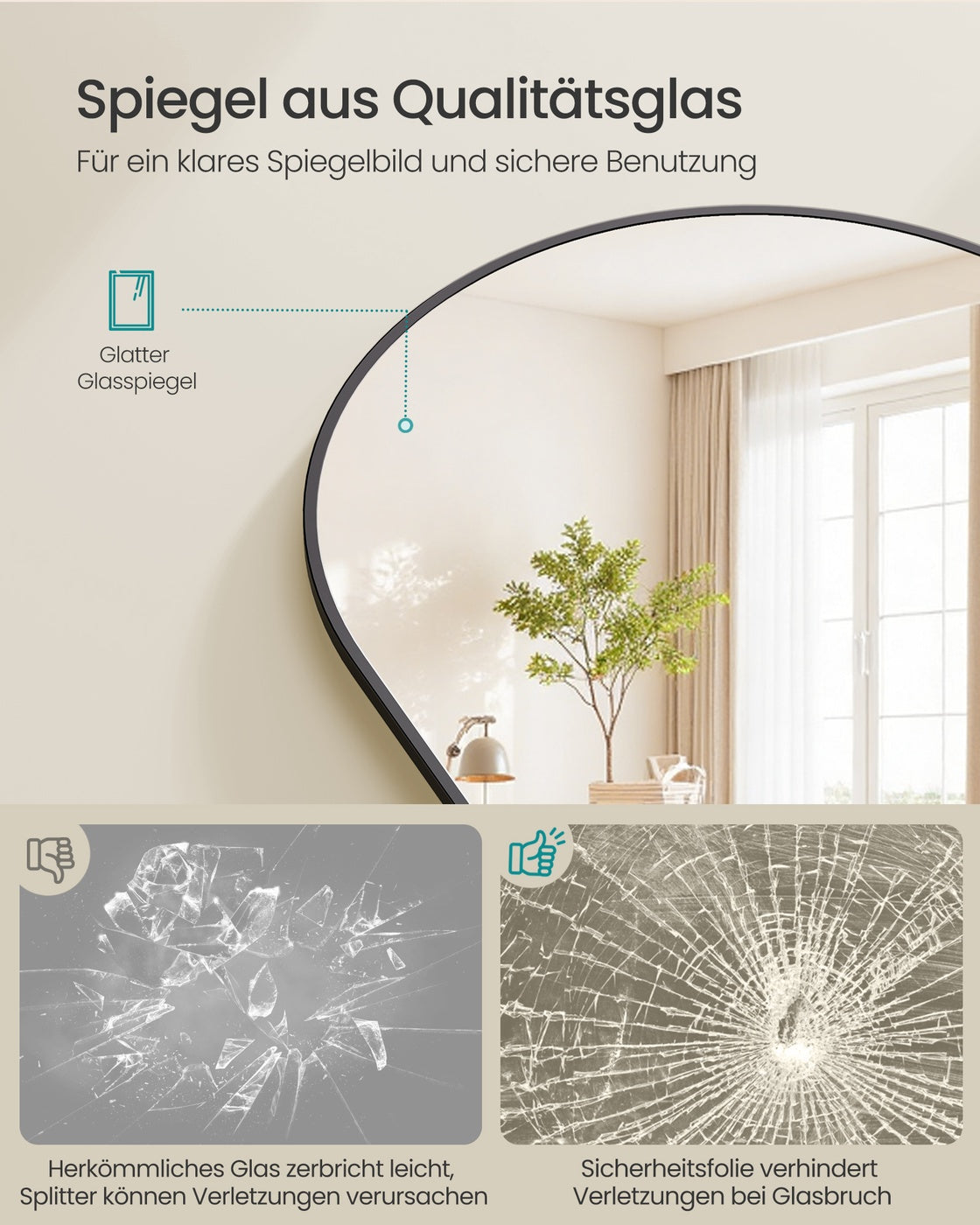 Standspiegel - 160 x 50 cm - Gewölbter Rand Aus Hartglas - Standmodell