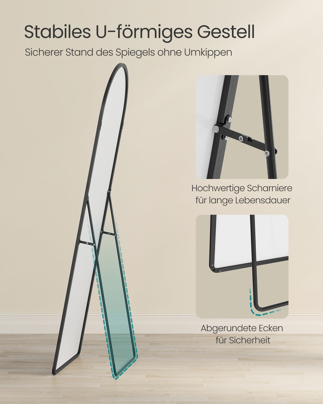 Standspiegel - 160 x 50 cm - Gewölbter Rand Aus Hartglas - Standmodell