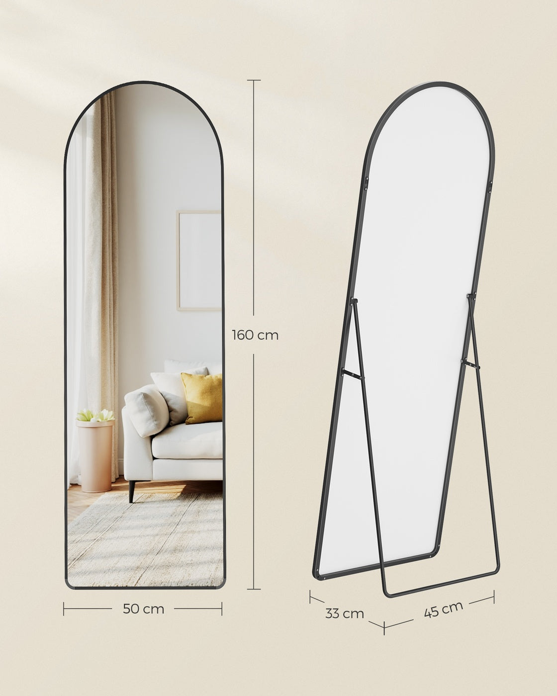 Standspiegel - 160 x 50 cm - Gewölbter Rand Aus Hartglas - Standmodell