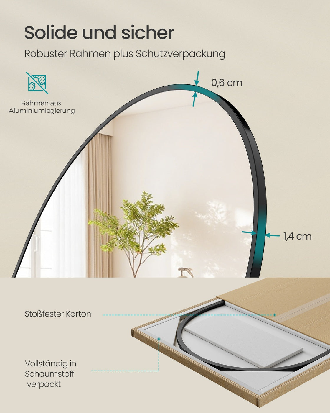 Standspiegel - 160 x 50 cm - Gewölbter Rand Aus Hartglas - Standmodell