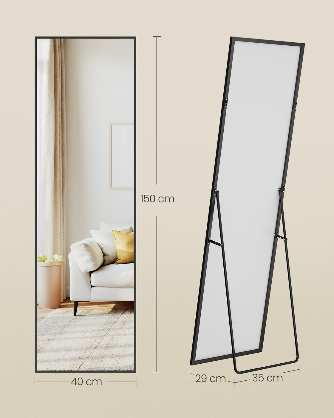 Standspiegel 150 x 40 cm - Rechteckig Mit Aluminiumrahmen - Für Schlafzimmer