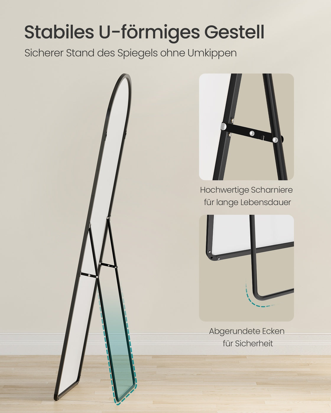 Standspiegel 160 x 50 cm - Gewölbter Spiegel Mit Aluminiumrahmen - Für Schlafzimmer