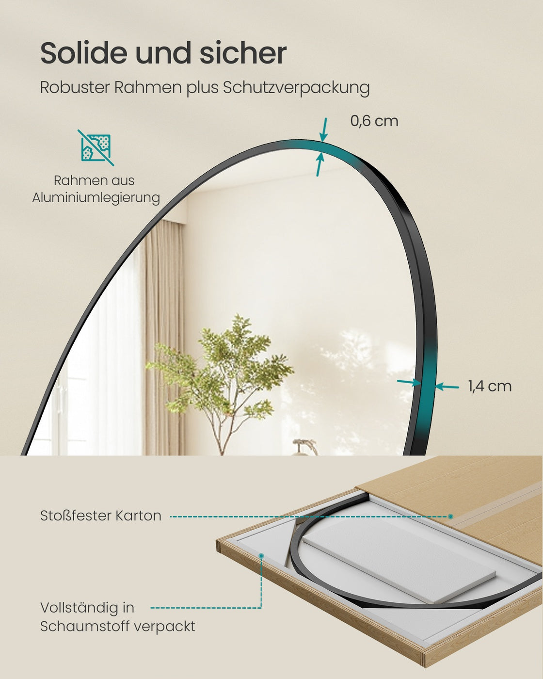 Standspiegel 160 x 50 cm - Gewölbter Spiegel Mit Aluminiumrahmen - Für Schlafzimmer