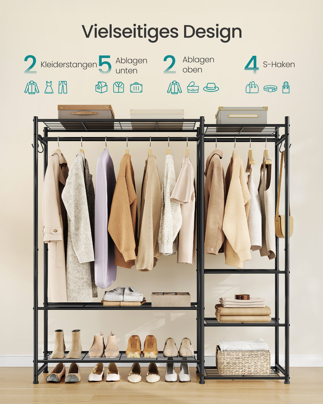 Kleiderständer – Offener Kleiderschrank – 7 Böden – 2 Kleiderstangen – Metallrahmen – 108 kg Tragkraft