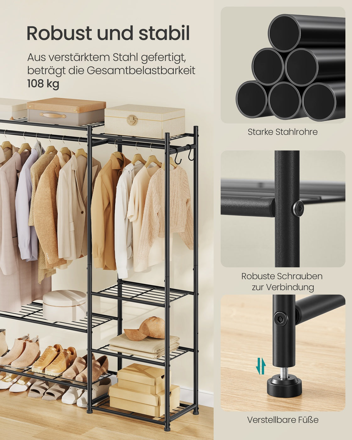 Kleiderständer – Offener Kleiderschrank – 7 Böden – 2 Kleiderstangen – Metallrahmen – 108 kg Tragkraft
