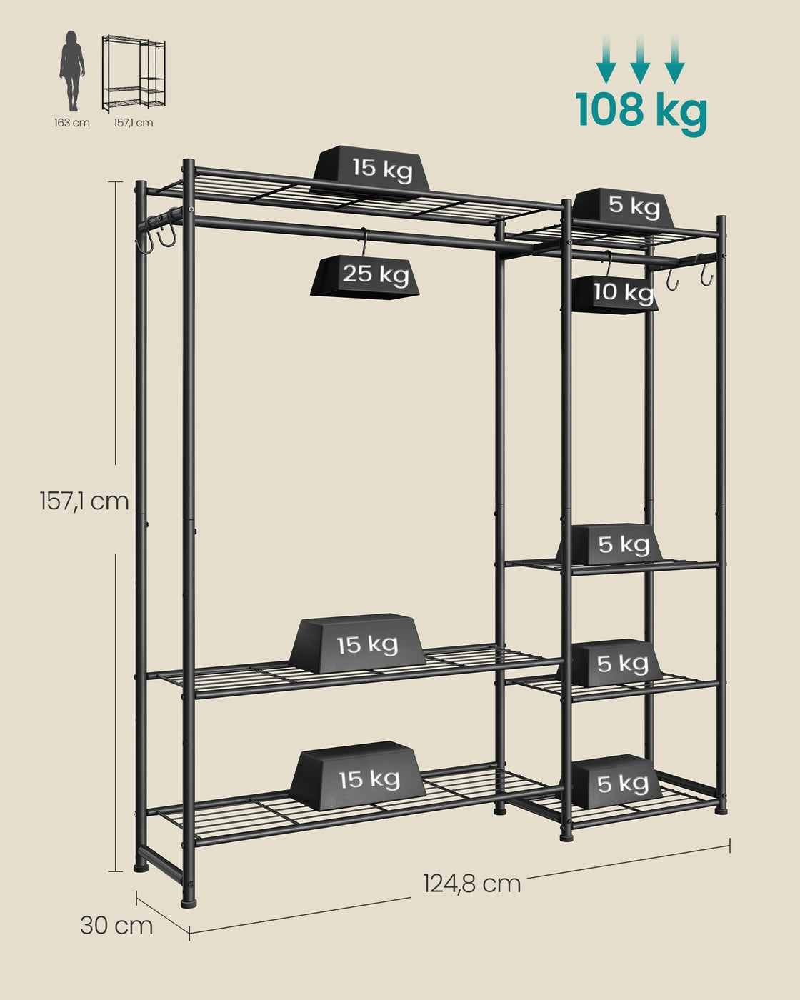 Kleiderständer – Offener Kleiderschrank – 7 Böden – 2 Kleiderstangen – Metallrahmen – 108 kg Tragkraft