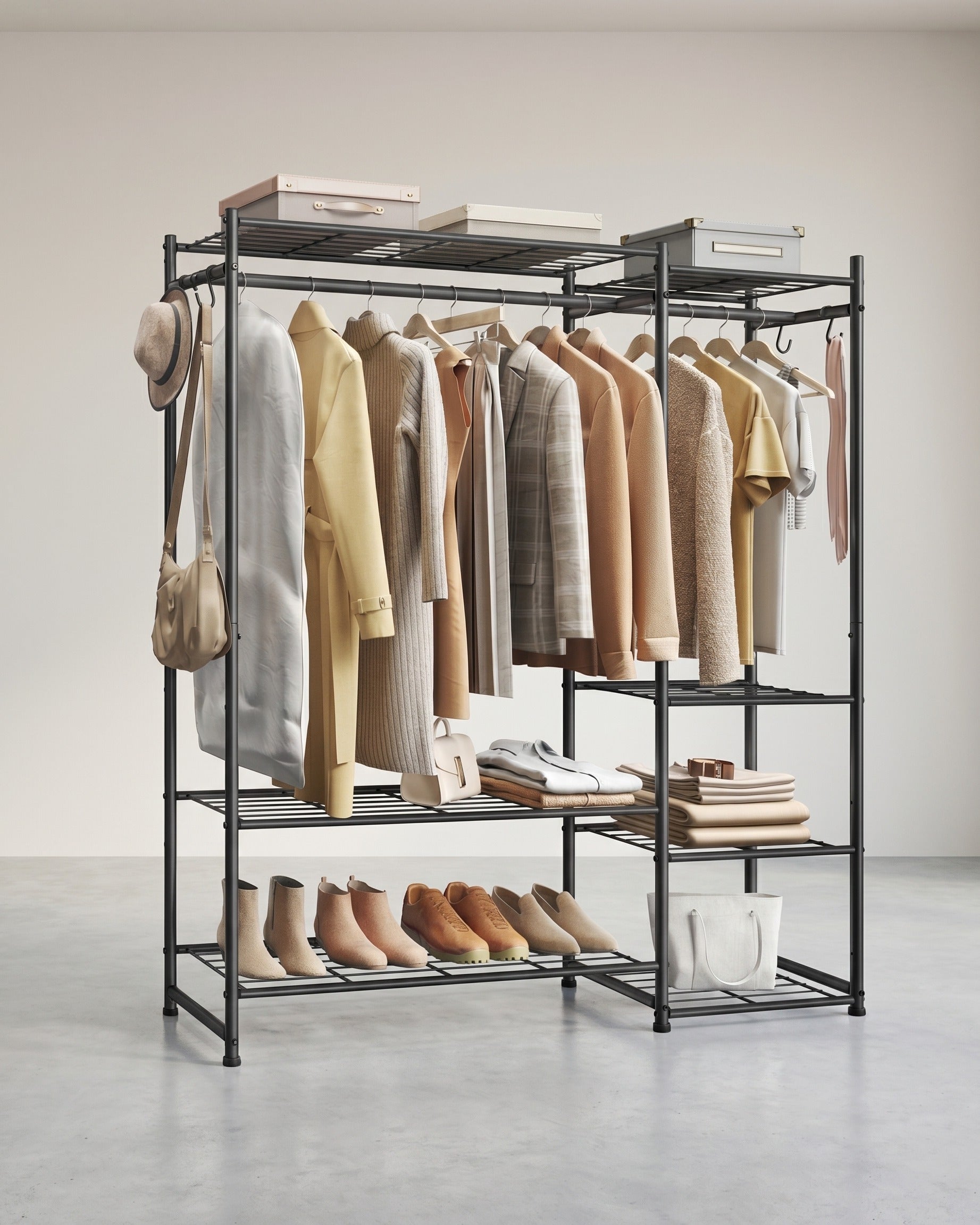 Kleiderständer – Offener Kleiderschrank – 7 Böden – 2 Kleiderstangen – Metallrahmen – 108 kg Tragkraft