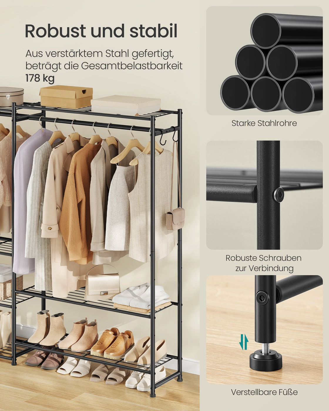 Offener Kleiderschrank - 10 Ebenen Und 3 Kleiderstangen - Für Schlafzimmer Oder Ankleidezimmer