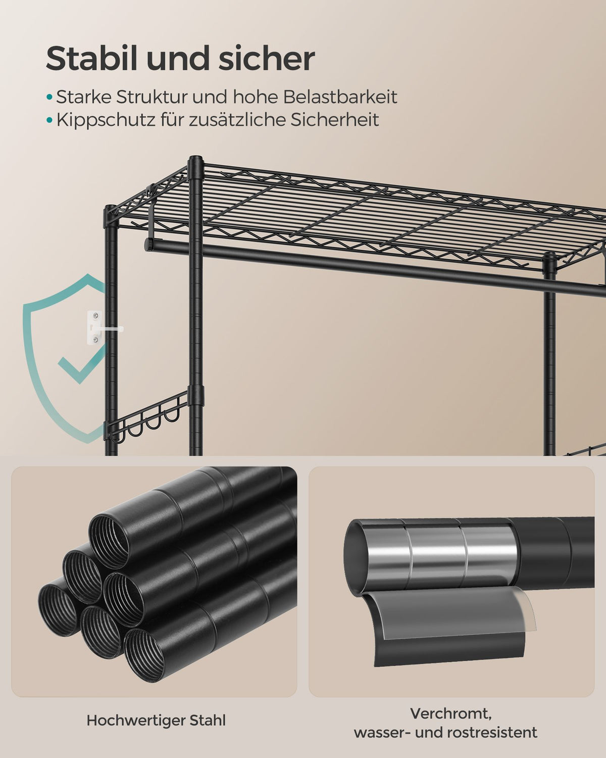 Kleiderständer aus schwarzem Metall – Kompakter Garderobenständer mit Schubladen und Haken – Verstellbare Stange und Ablagen – 90 cm breit – Bis zu 90 kg belastbar