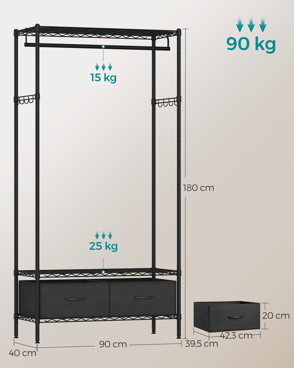 Kleiderständer aus schwarzem Metall – Kompakter Garderobenständer mit Schubladen und Haken – Verstellbare Stange und Ablagen – 90 cm breit – Bis zu 90 kg belastbar