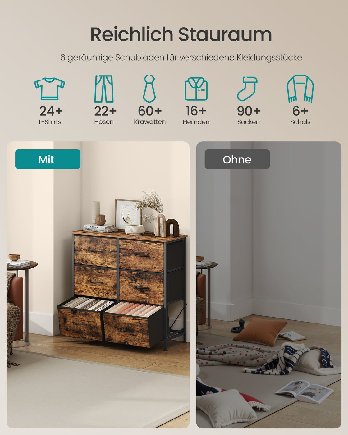 Moderner Schrank – Kommode mit 6 Schubladen – Industriedesign – Stahlrahmen – Viel Stauraum – 73 cm hoch