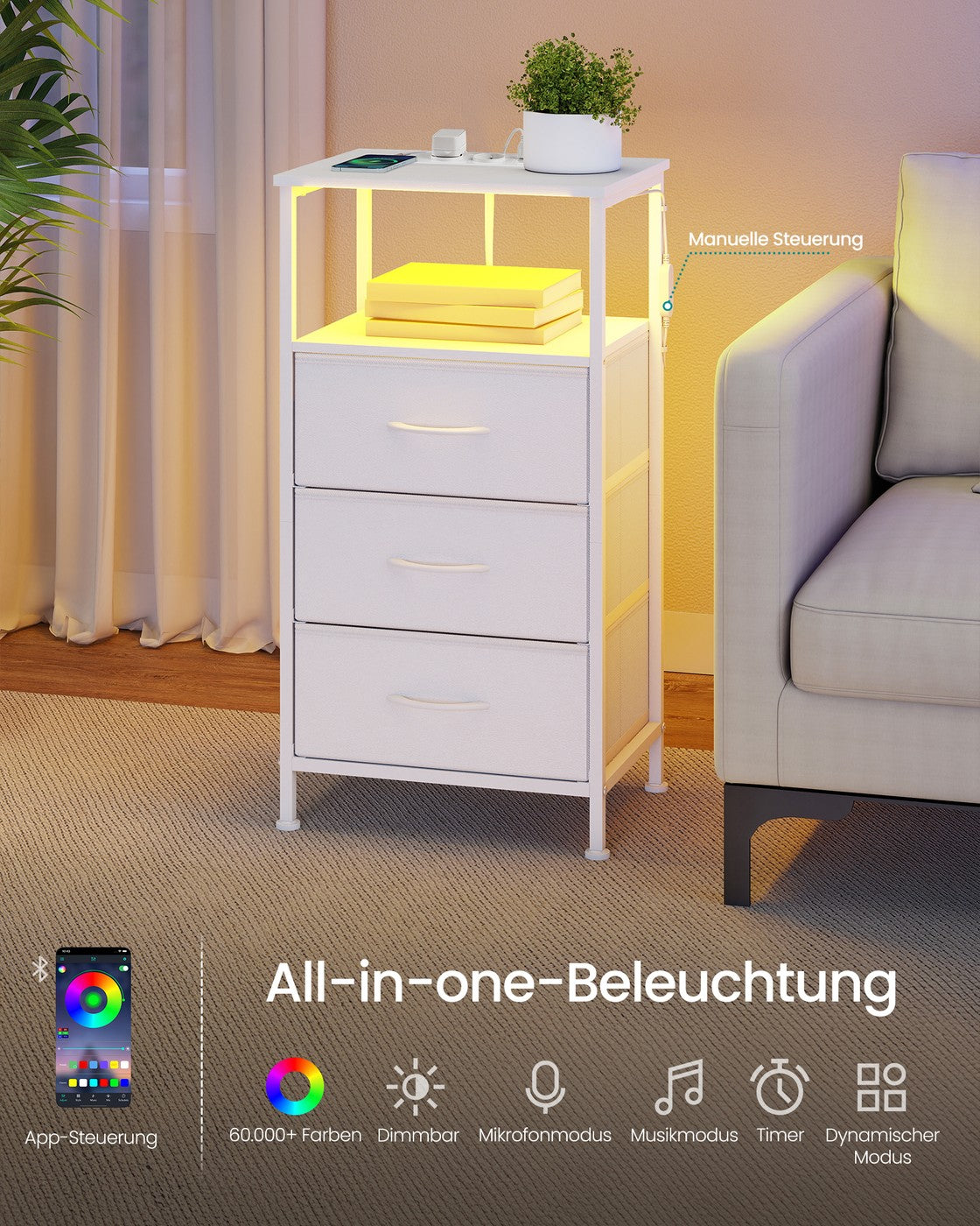 Nachttisch - Bellah Kollektion - Ladestation - App-Gesteuerte LED-Beleuchtung