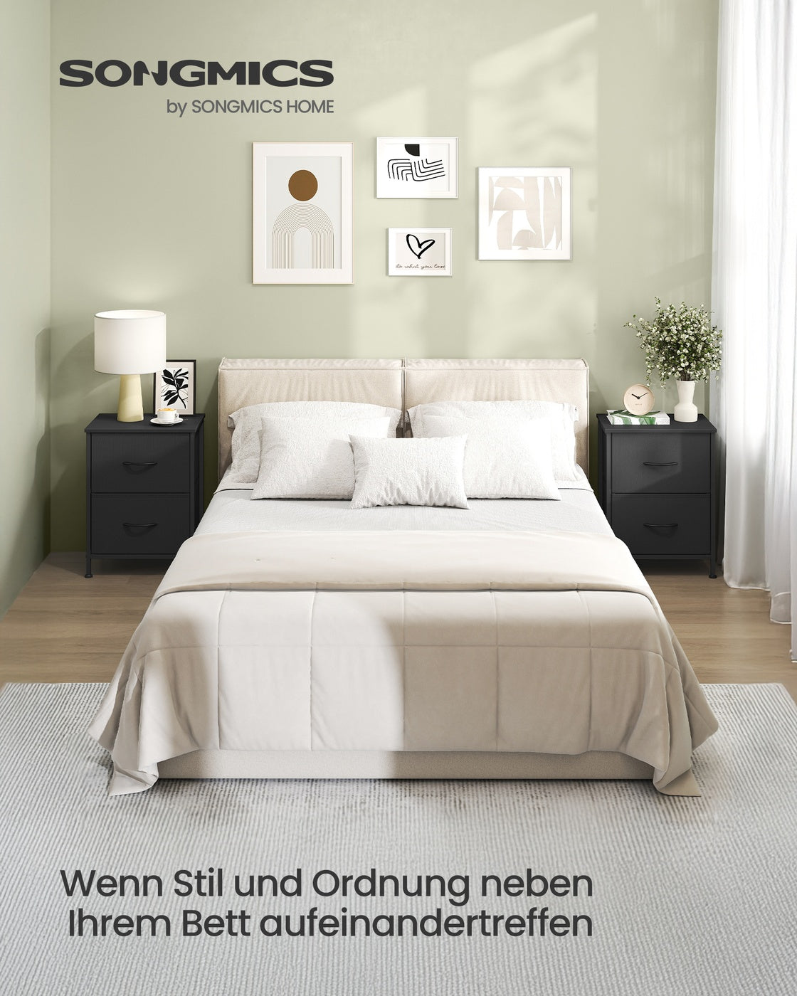 Nachtkommode – Kommode mit 4 Stoffschubladen – MDF und Stahl – 30 x 39,6 x 52,2 cm