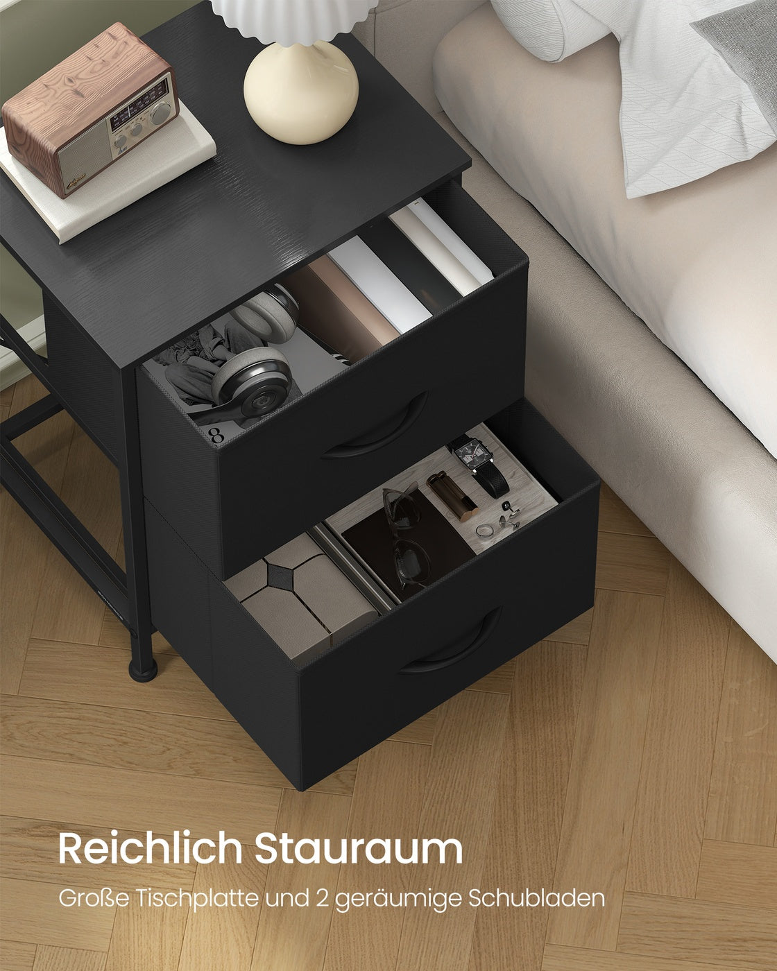 Nachtkommode – Kommode mit 4 Stoffschubladen – MDF und Stahl – 30 x 39,6 x 52,2 cm