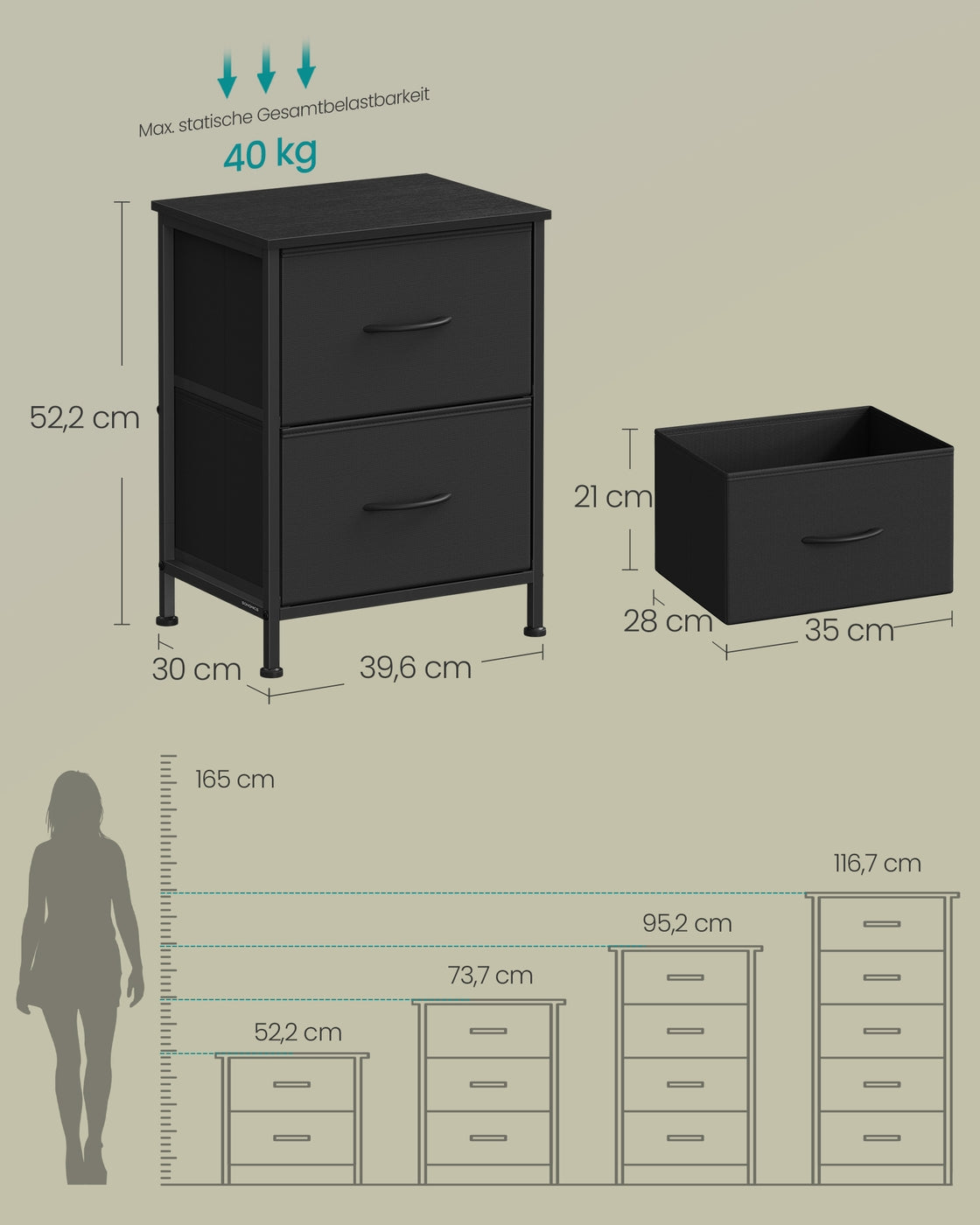 Nachtkommode – Kommode mit 4 Stoffschubladen – MDF und Stahl – 30 x 39,6 x 52,2 cm