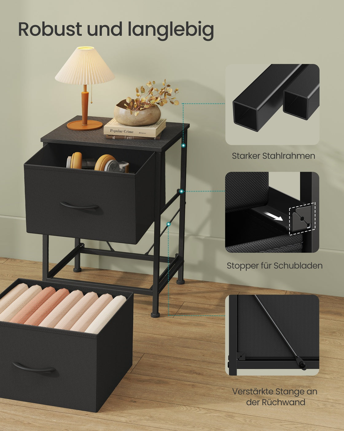 Nachtkommode – Kommode mit 4 Stoffschubladen – MDF und Stahl – 30 x 39,6 x 52,2 cm
