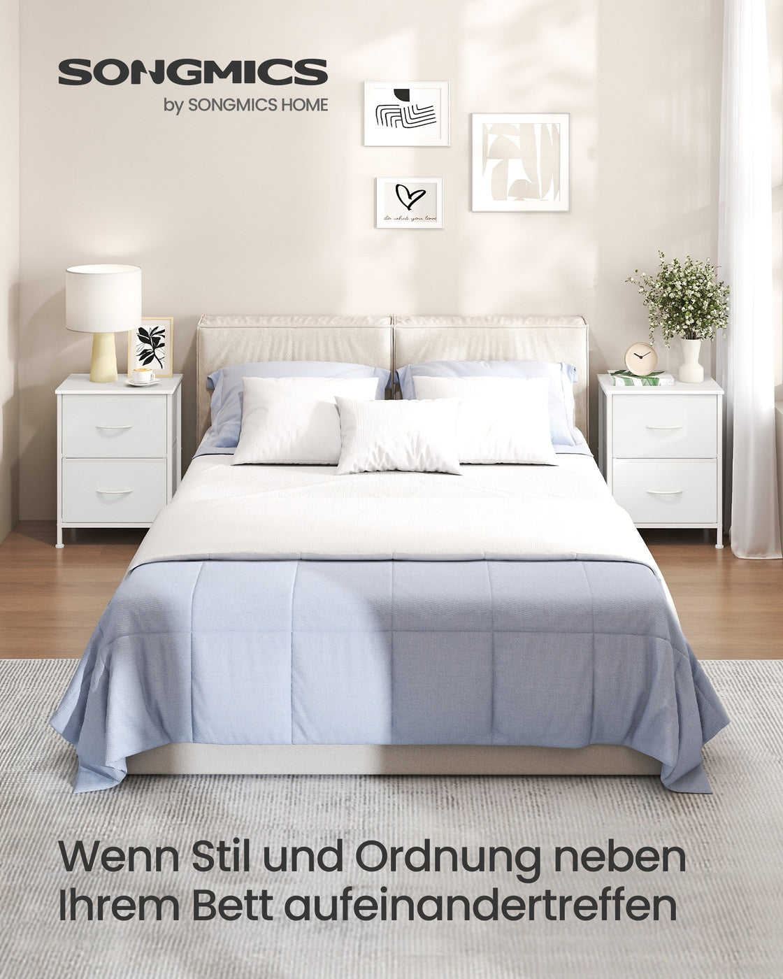 Nachtkommode – Kommode mit 4 Stoffschubladen – MDF und Stahl – 30 x 39,6 x 52,2 cm