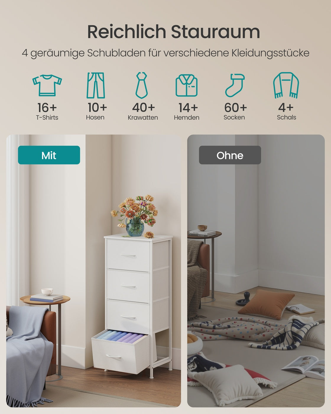 Sideboard Mit 4 Stoffschubladen - Stahlrahmen - Für Schlafzimmer Oder Flur