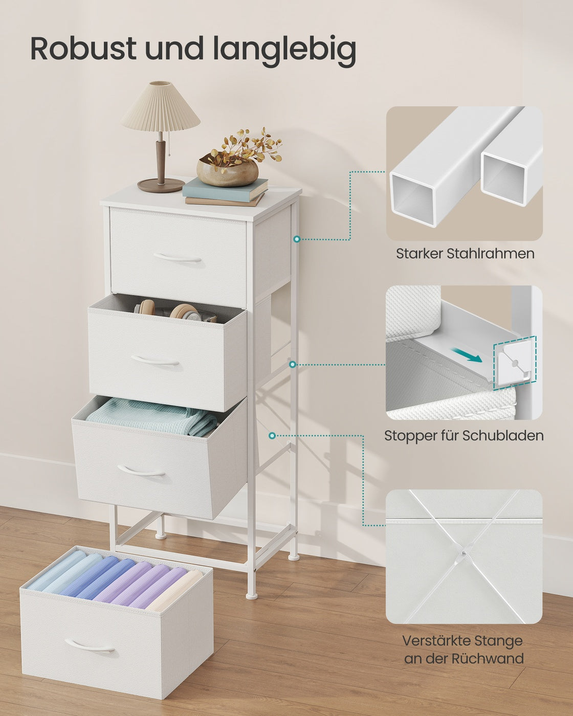 Sideboard Mit 4 Stoffschubladen - Stahlrahmen - Für Schlafzimmer Oder Flur