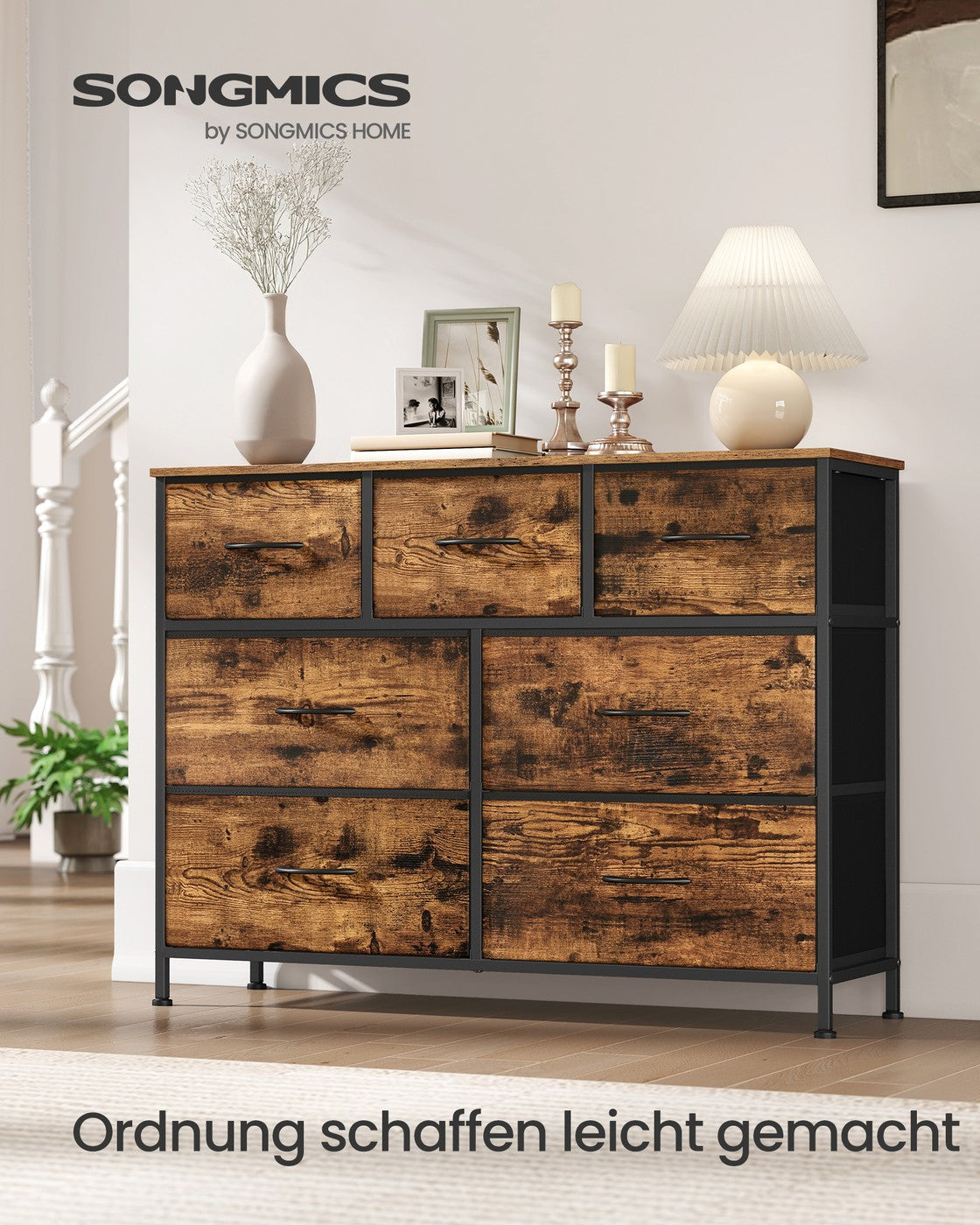 Großes Sideboard Mit 7 Stoffschubladen - Stahlrahmen - Für Schlafzimmer Oder Wohnzimmer