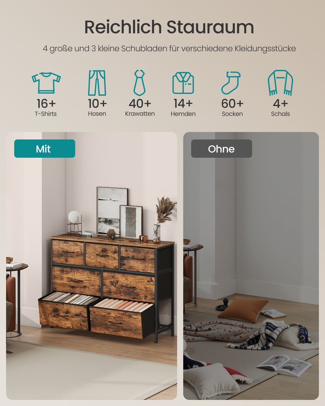 Großes Sideboard Mit 7 Stoffschubladen - Stahlrahmen - Für Schlafzimmer Oder Wohnzimmer