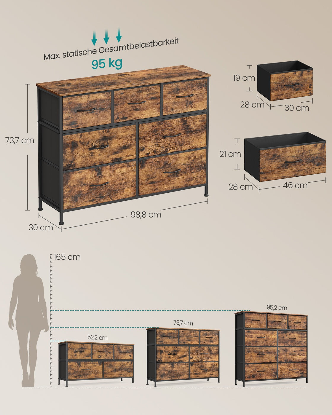 Großes Sideboard Mit 7 Stoffschubladen - Stahlrahmen - Für Schlafzimmer Oder Wohnzimmer