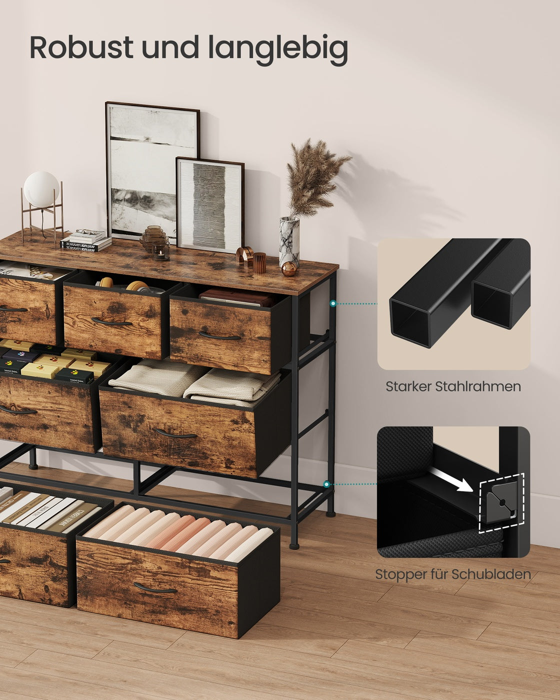 Großes Sideboard Mit 7 Stoffschubladen - Stahlrahmen - Für Schlafzimmer Oder Wohnzimmer