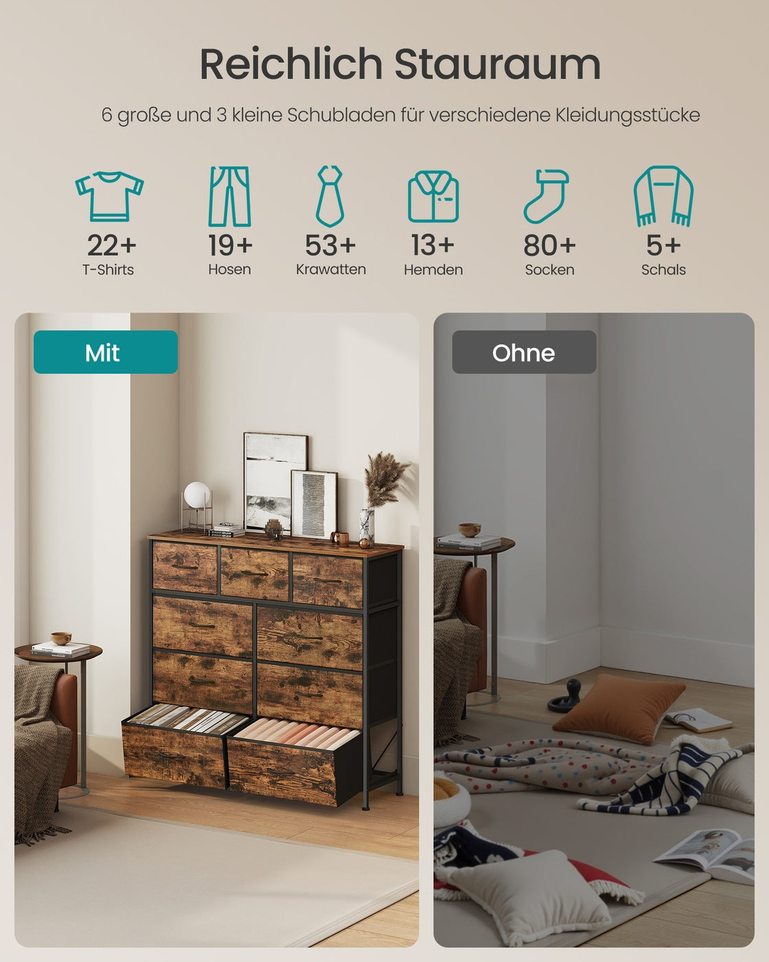 XL Sideboard Mit 9 Stoffschubladen - Stahlrahmen - Für Schlafzimmer Oder Flur