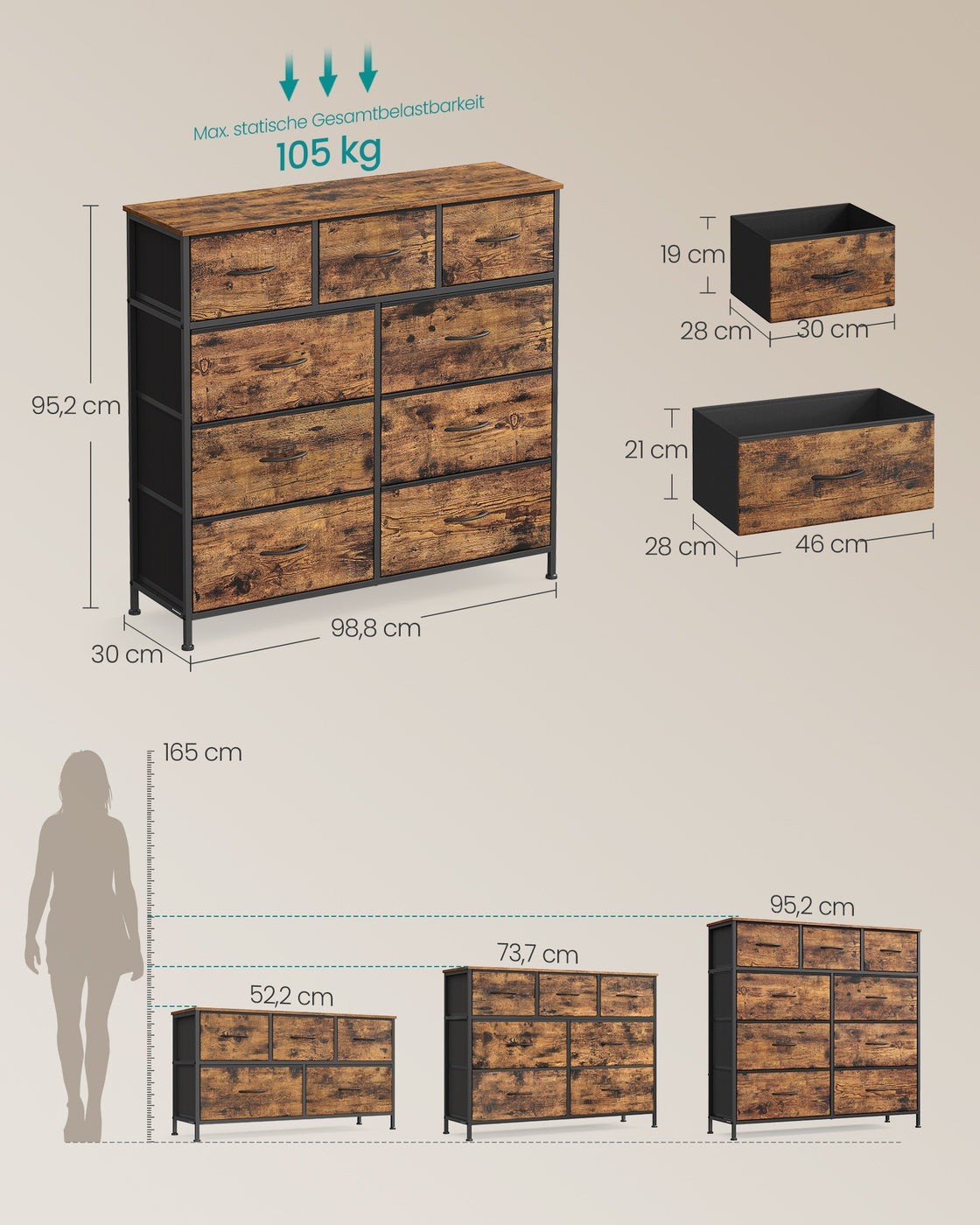 XL Sideboard Mit 9 Stoffschubladen - Stahlrahmen - Für Schlafzimmer Oder Flur