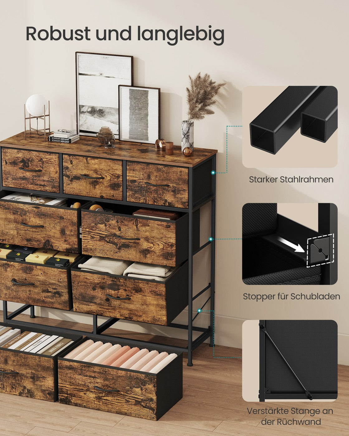 XL Sideboard Mit 9 Stoffschubladen - Stahlrahmen - Für Schlafzimmer Oder Flur