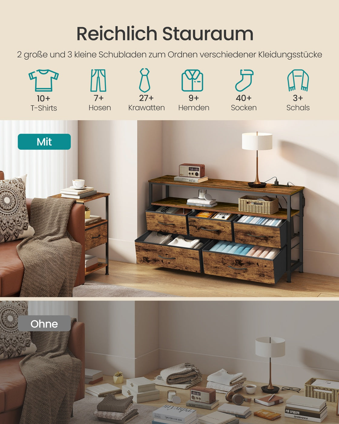 Sideboard Mit 5 Schubladen Und Offenem Fach - Industrieller Stil - Für Schlafzimmer Und Wohnzimmer