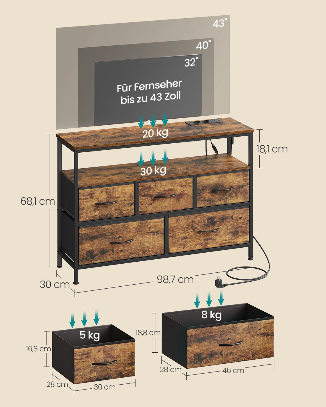 Sideboard Mit 5 Schubladen Und Offenem Fach - Industrieller Stil - Für Schlafzimmer Und Wohnzimmer