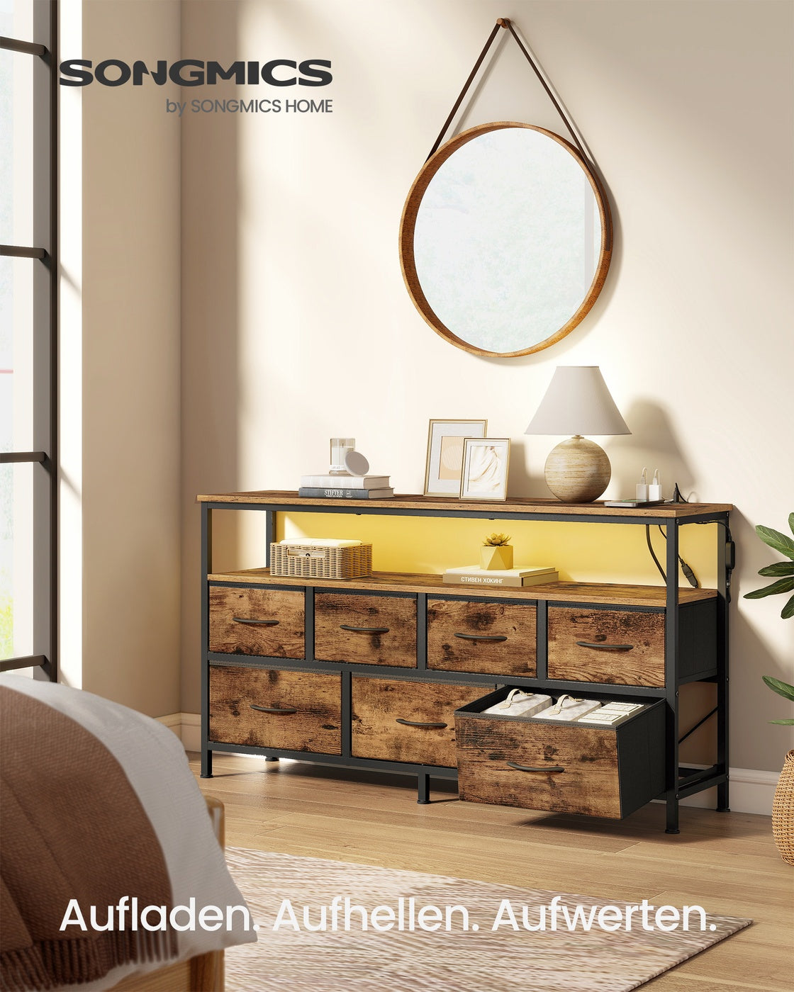 Sideboard Mit 7 Schubladen Und Offenem Fach - Industrieller Stil - Für Schlafzimmer Und Wohnzimmer