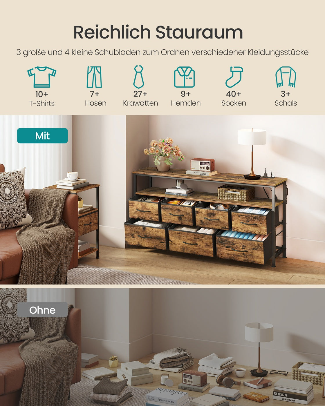 Sideboard Mit 7 Schubladen Und Offenem Fach - Industrieller Stil - Für Schlafzimmer Und Wohnzimmer