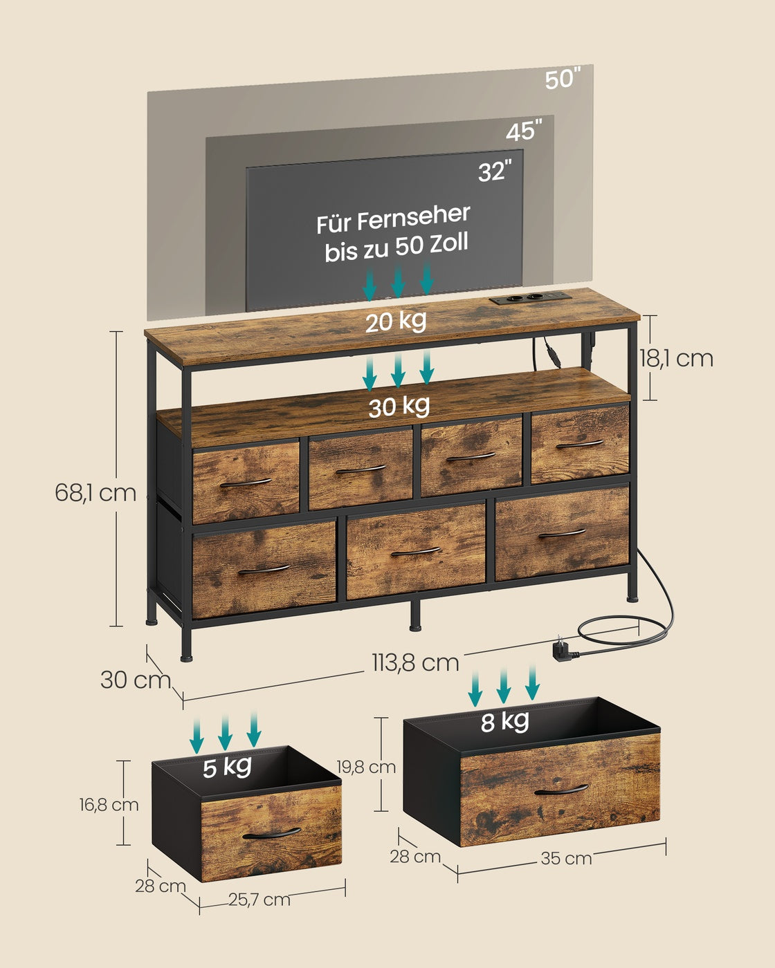 Sideboard Mit 7 Schubladen Und Offenem Fach - Industrieller Stil - Für Schlafzimmer Und Wohnzimmer