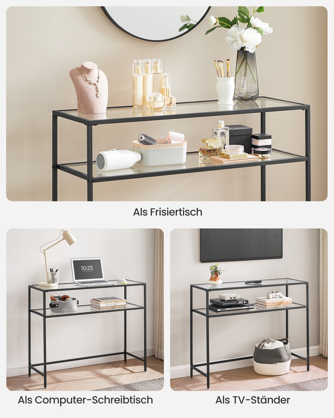 Konsolentisch mit Glasregalen – Minimalistisches Design – Schwarzer Stahl und gehärtetes Glas – 100 cm breit