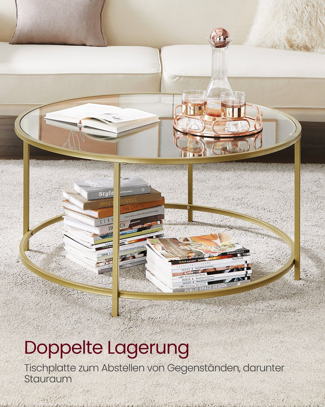 Runder Couchtisch Gold mit Glasplatte – gehärtetes Glas – moderner Retro-Beistelltisch für das Wohnzimmer