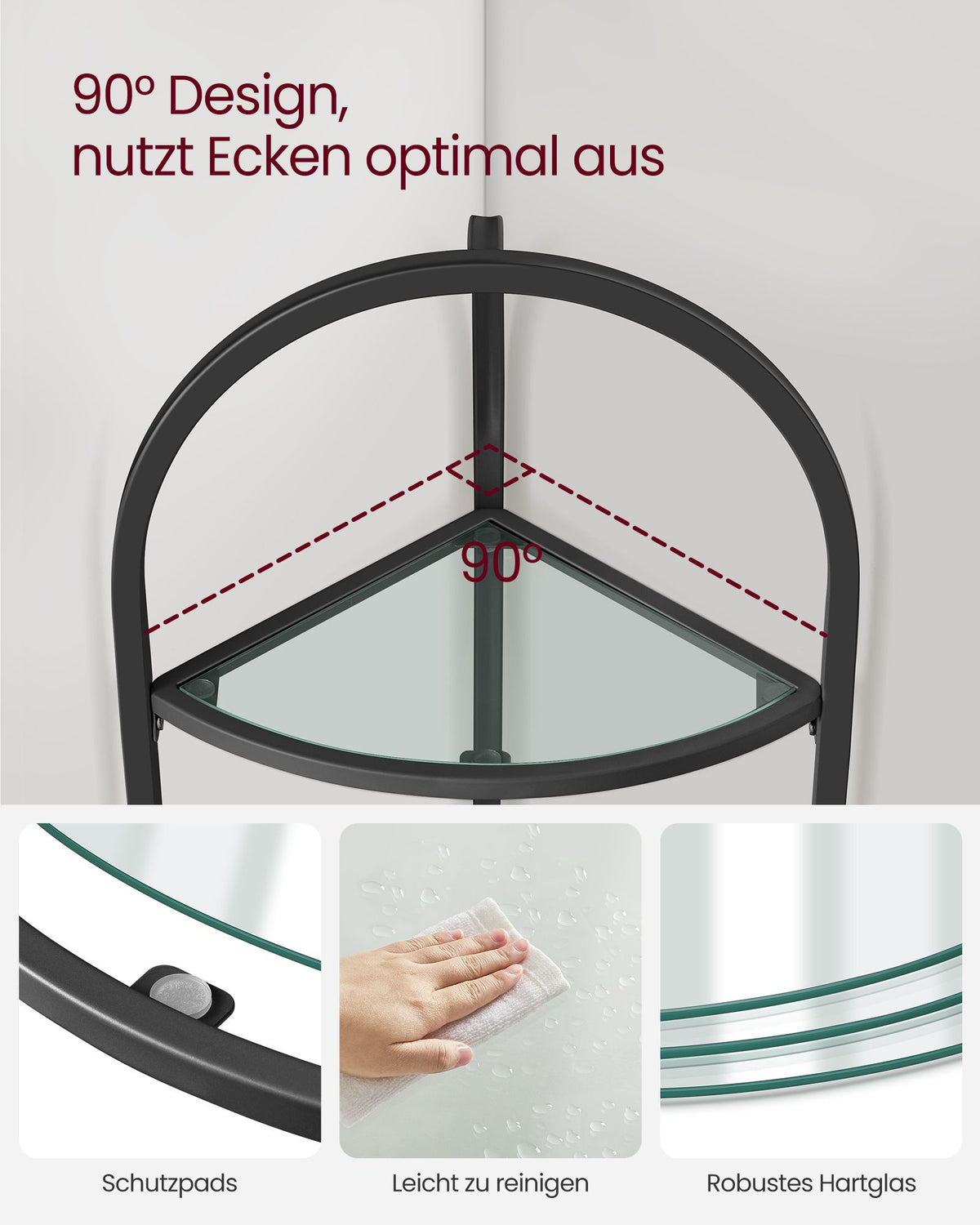 Eckregal – 3 Ebenen – Böden Aus Gehärtetem Glas – Stahlrahmen - Schwarz