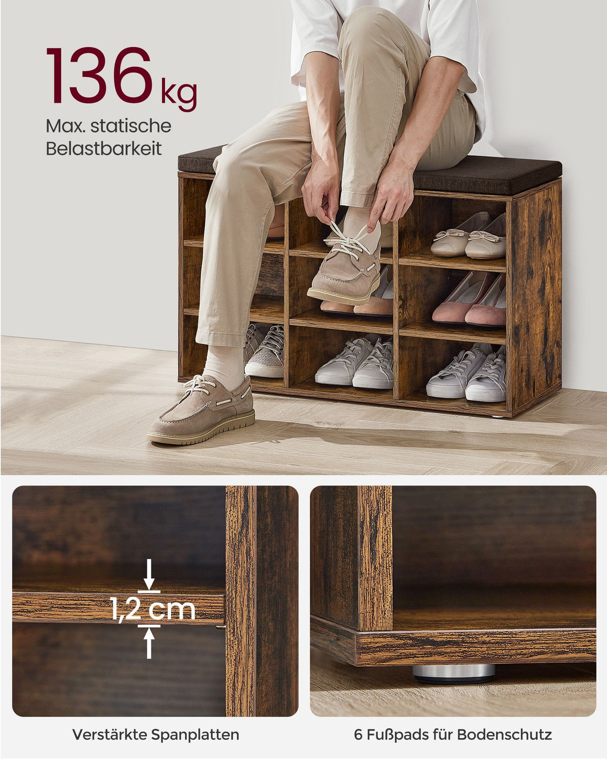 Aufbewahrungsboxen – Schuhbank mit Stauraum – 9 Fächer – Verstellbare Böden – 30,3 x 78,5 x 48 cm – Spanplatte – Schaumstoff – Leinenoptik-Bezug – Max. Belastbarkeit 136 kg