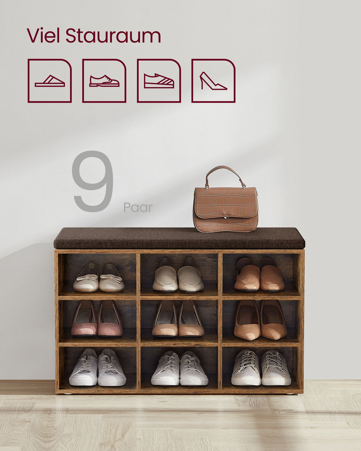 Aufbewahrungsboxen – Schuhbank mit Stauraum – 9 Fächer – Verstellbare Böden – 30,3 x 78,5 x 48 cm – Spanplatte – Schaumstoff – Leinenoptik-Bezug – Max. Belastbarkeit 136 kg
