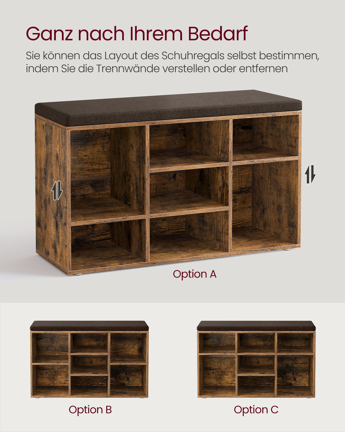 Aufbewahrungsboxen – Schuhbank mit Stauraum – 9 Fächer – Verstellbare Böden – 30,3 x 78,5 x 48 cm – Spanplatte – Schaumstoff – Leinenoptik-Bezug – Max. Belastbarkeit 136 kg