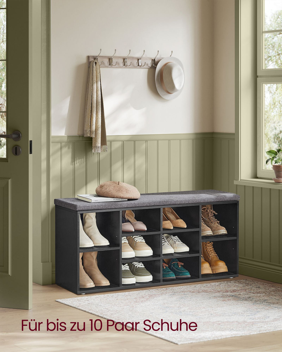 Aufbewahrungsboxen – Schuhbank mit Stauraum – 9 Fächer – Verstellbare Böden – 30,3 x 78,5 x 48 cm – Spanplatte – Schaumstoff – Leinenoptik-Bezug – Max. Belastbarkeit 136 kg