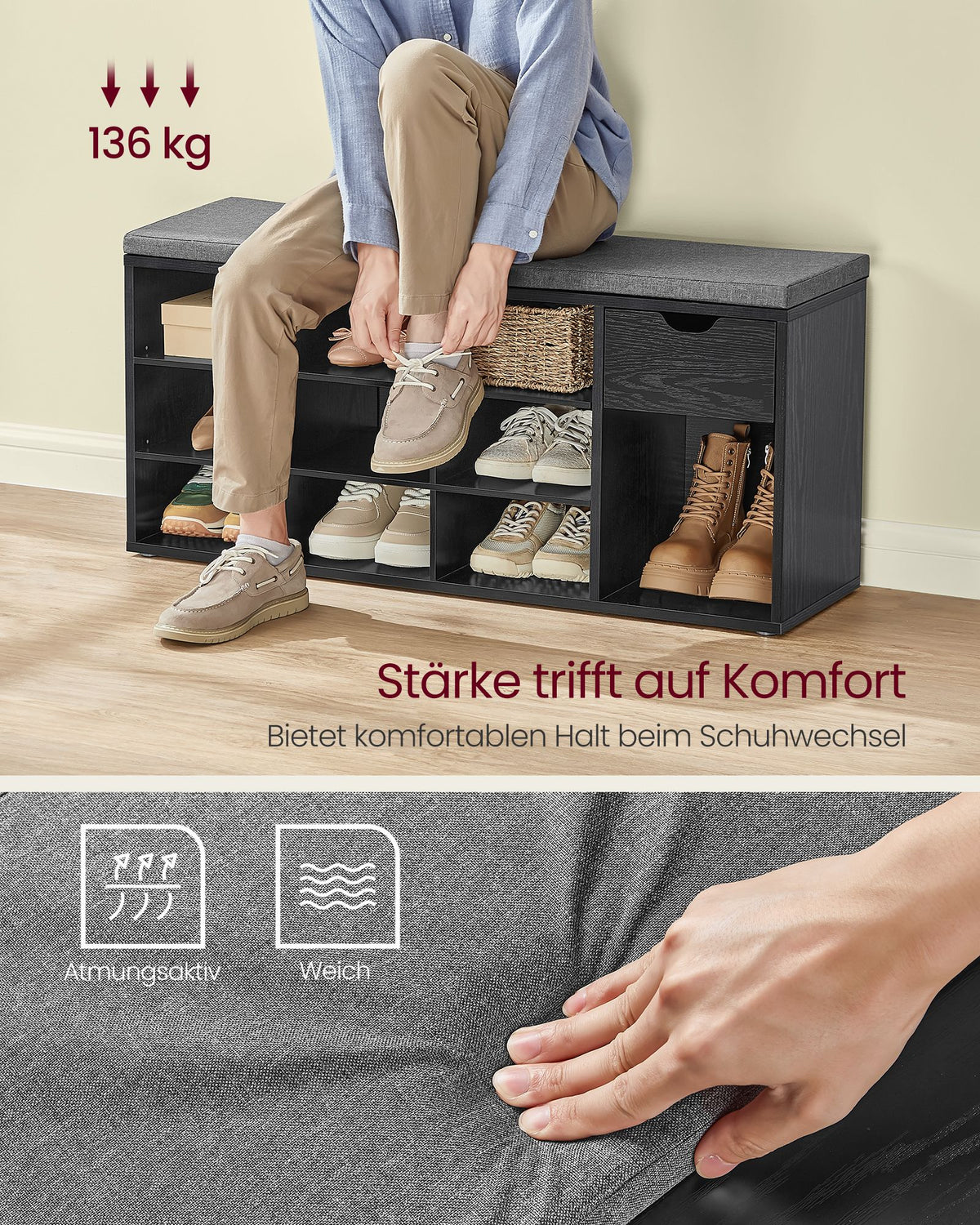 Schuhaufbewahrung – Schuhbank mit Schublade und offenen Fächern – Geeignet für Flur und Schlafzimmer