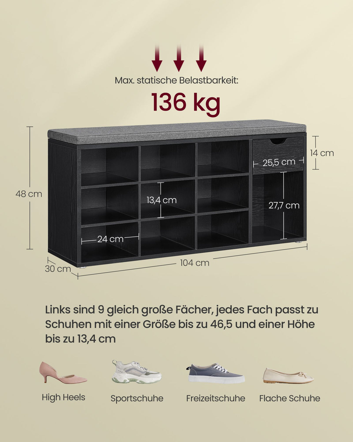 Schuhaufbewahrung – Schuhbank mit Schublade und offenen Fächern – Geeignet für Flur und Schlafzimmer