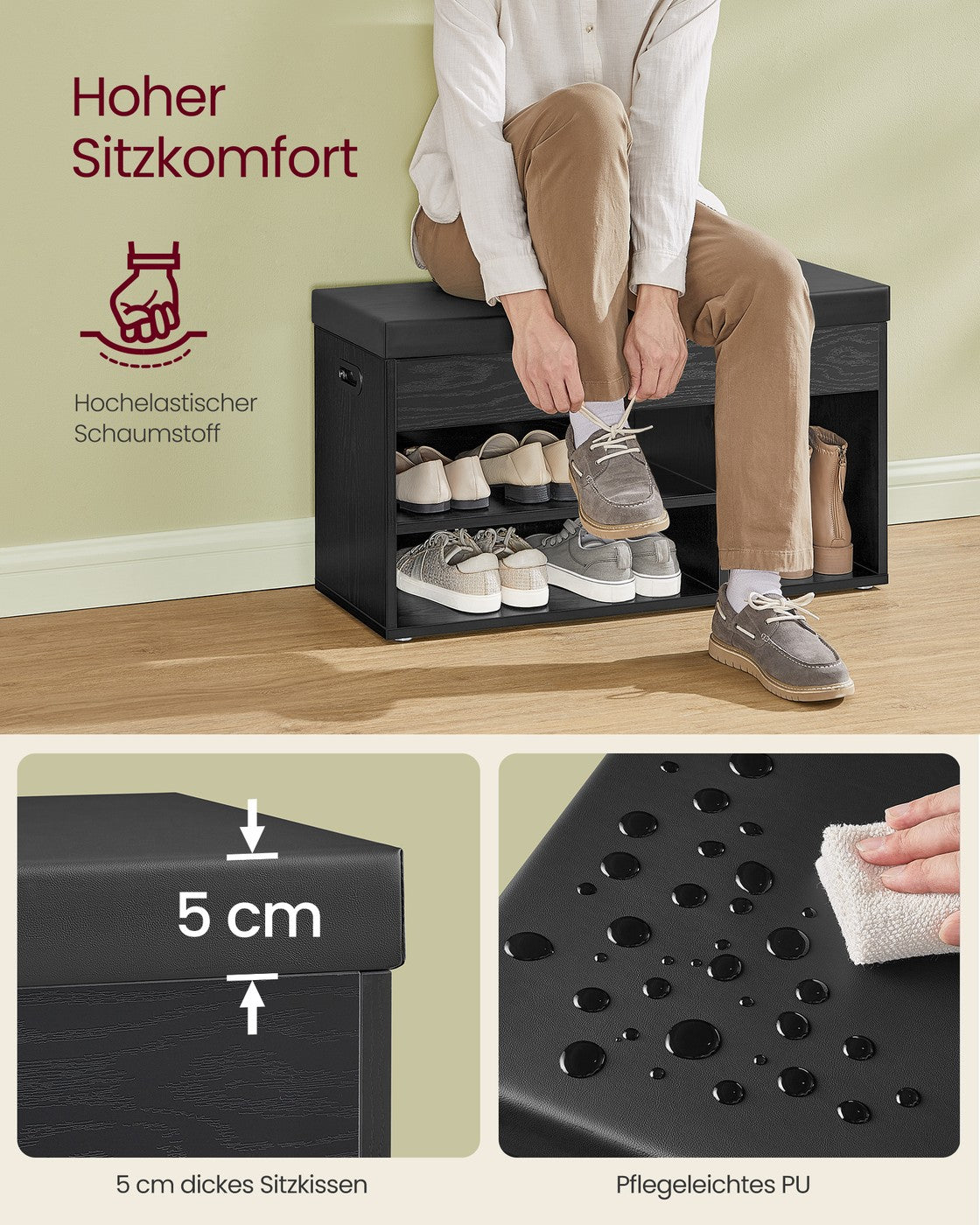 Schuhaufbewahrung – Schuhbank mit Sitzfläche – Aufbewahrungsbank mit 3 Offenen Fächern – 30 x 80 x 44 cm – Tragfähigkeit bis 150 kg